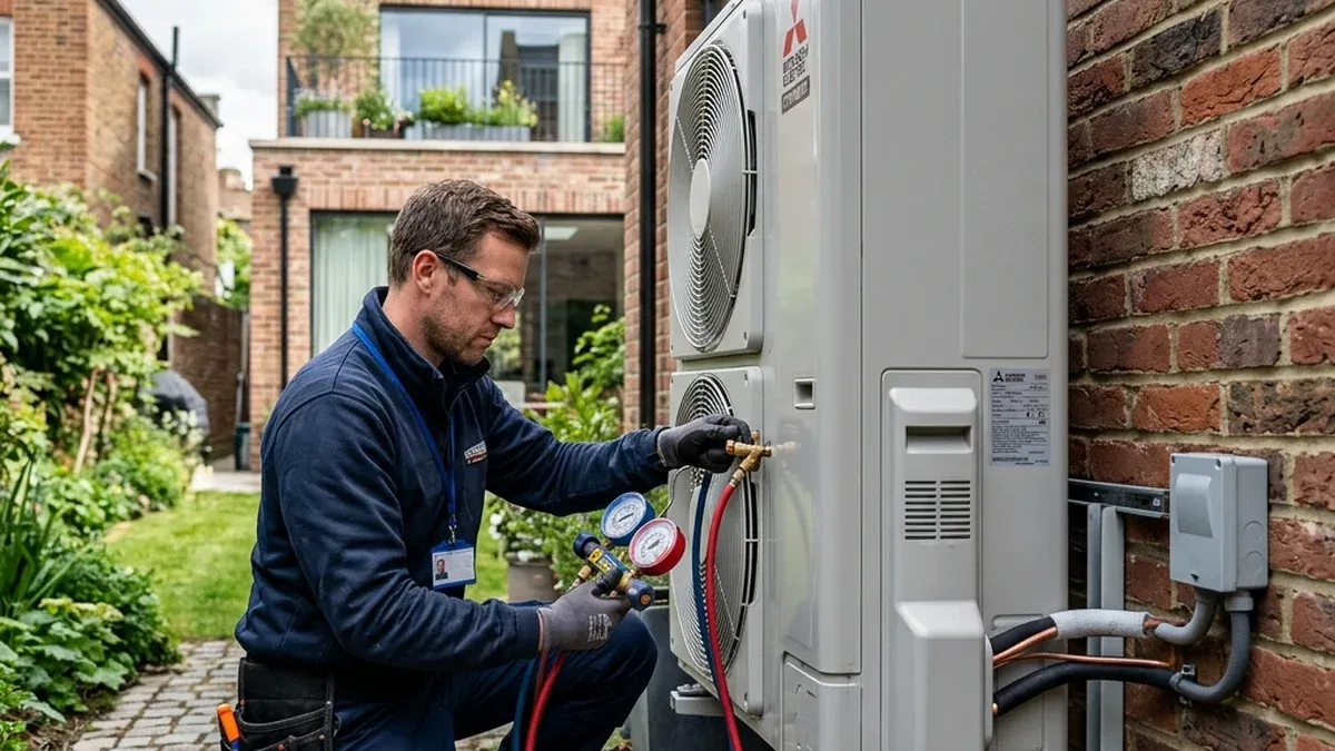 Engineer working on an outdoor air conditioning unit