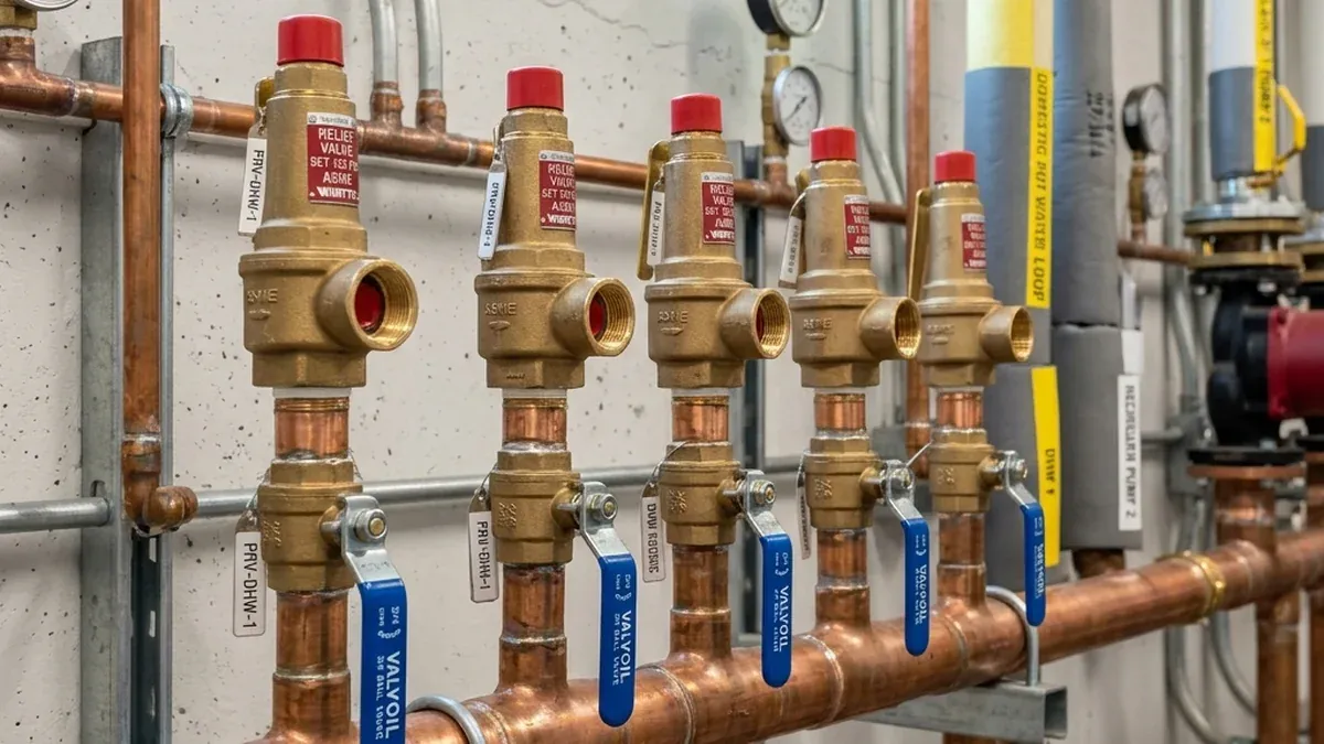 Brass valves with blue and red handles on copper pipework