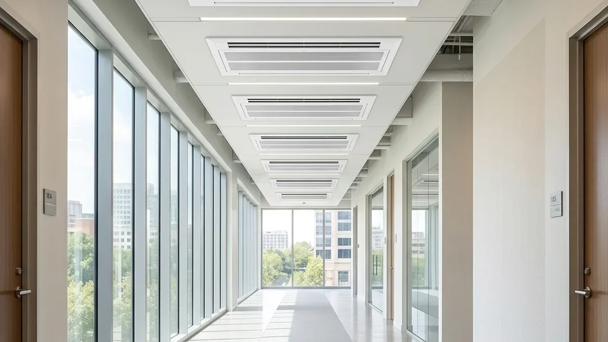Ceiling air conditioning cassettes in a bright corridor