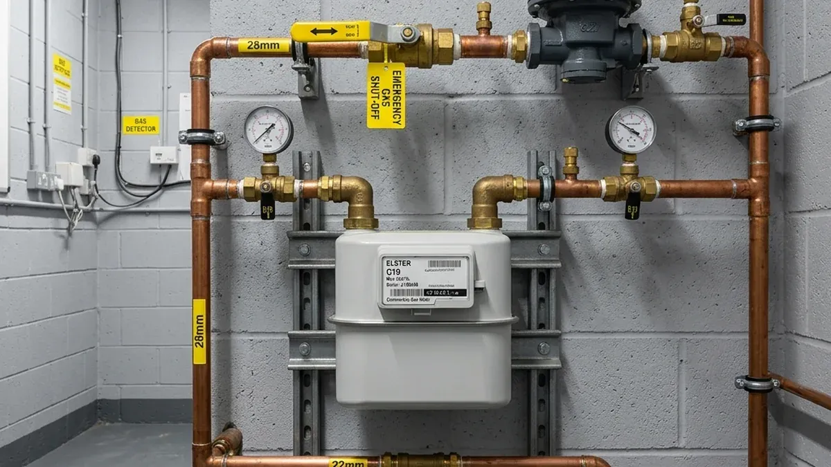 A gas meter and pipework with yellow identification tags