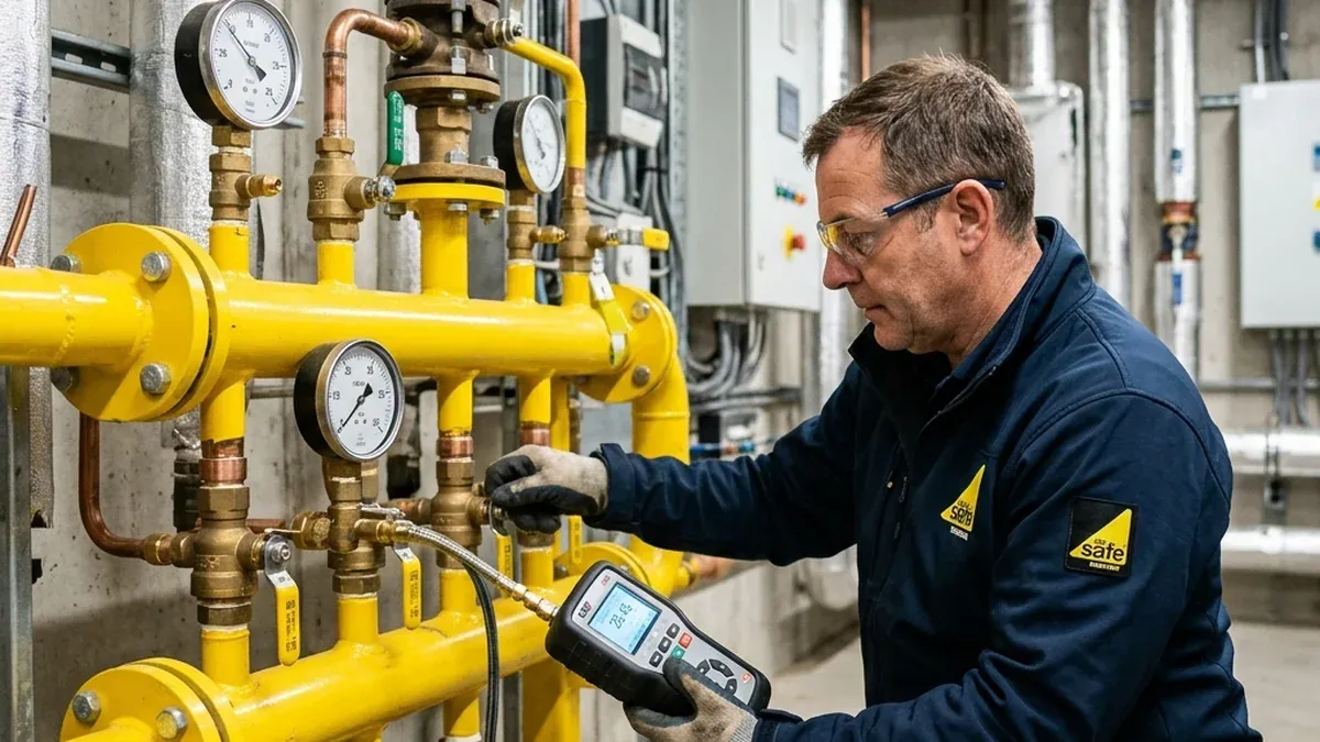 Engineer checking a gauge on yellow gas pipework