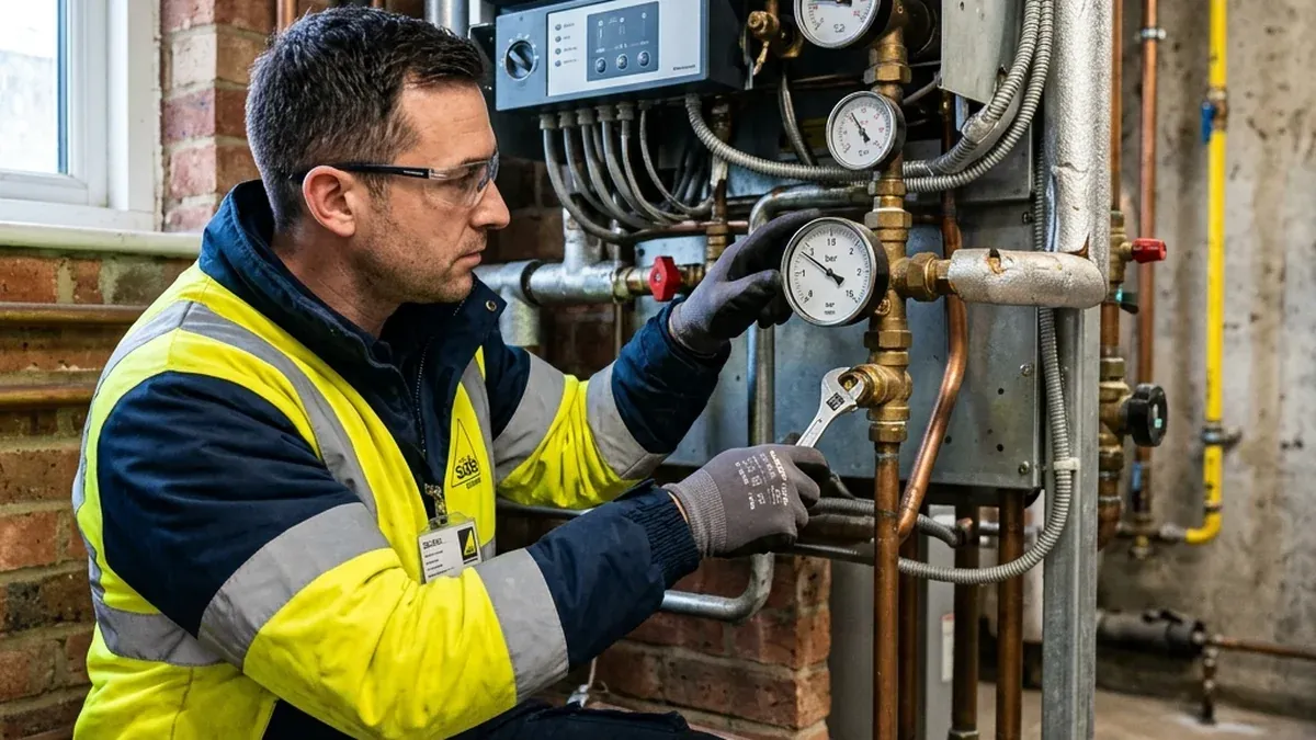 Engineer tightening a fitting on boiler pipework