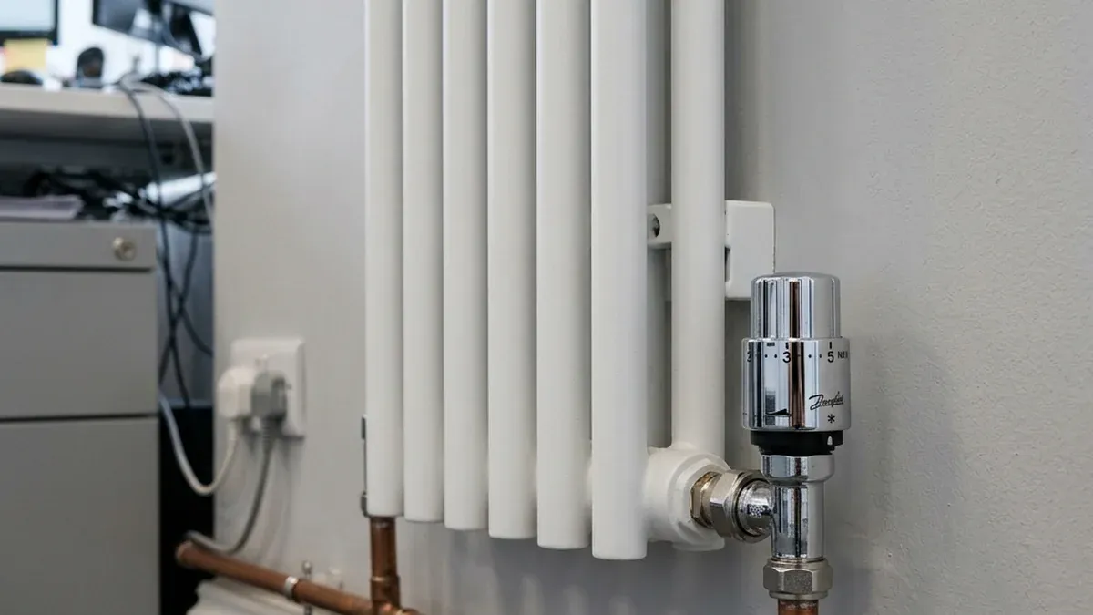 A radiator valve fitted to a white column radiator