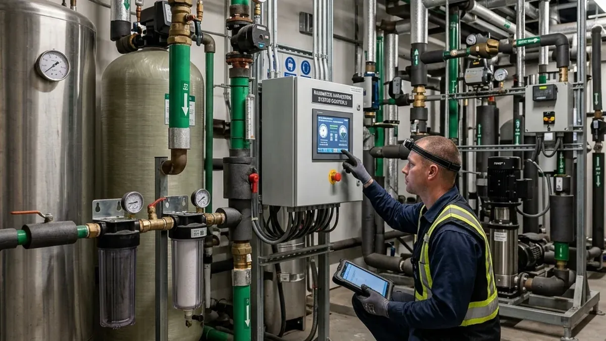 Engineer checking the control panel of a rainwater collection system