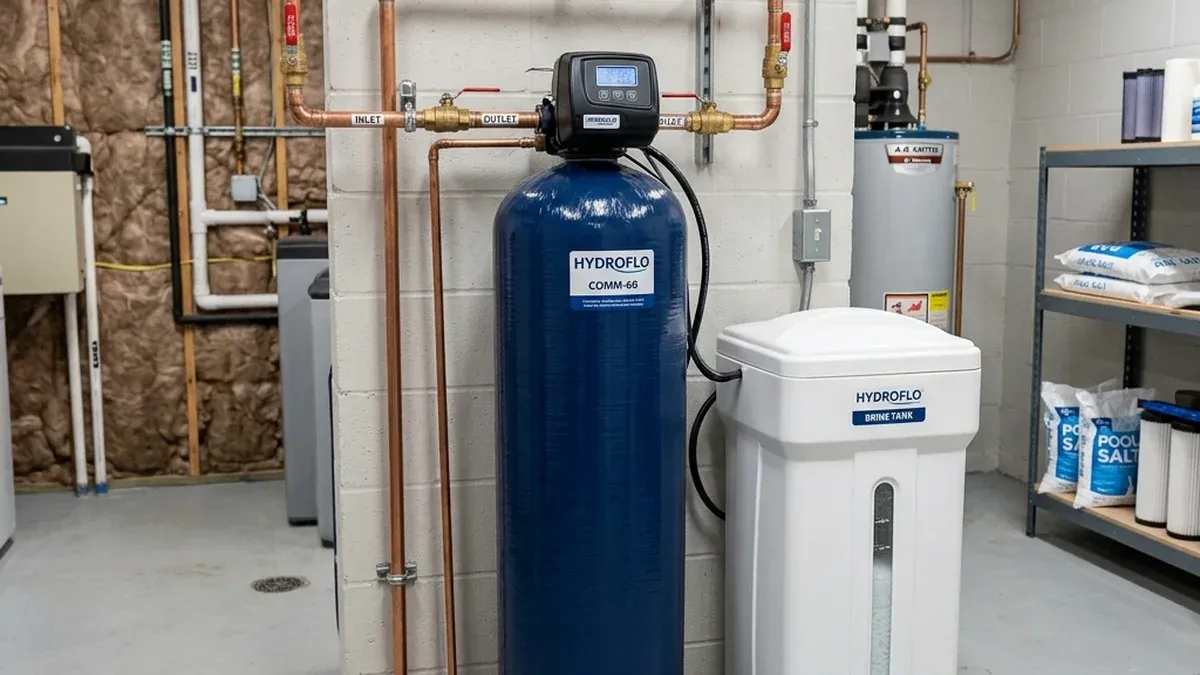 A water treatment tank and softener against a plant room wall